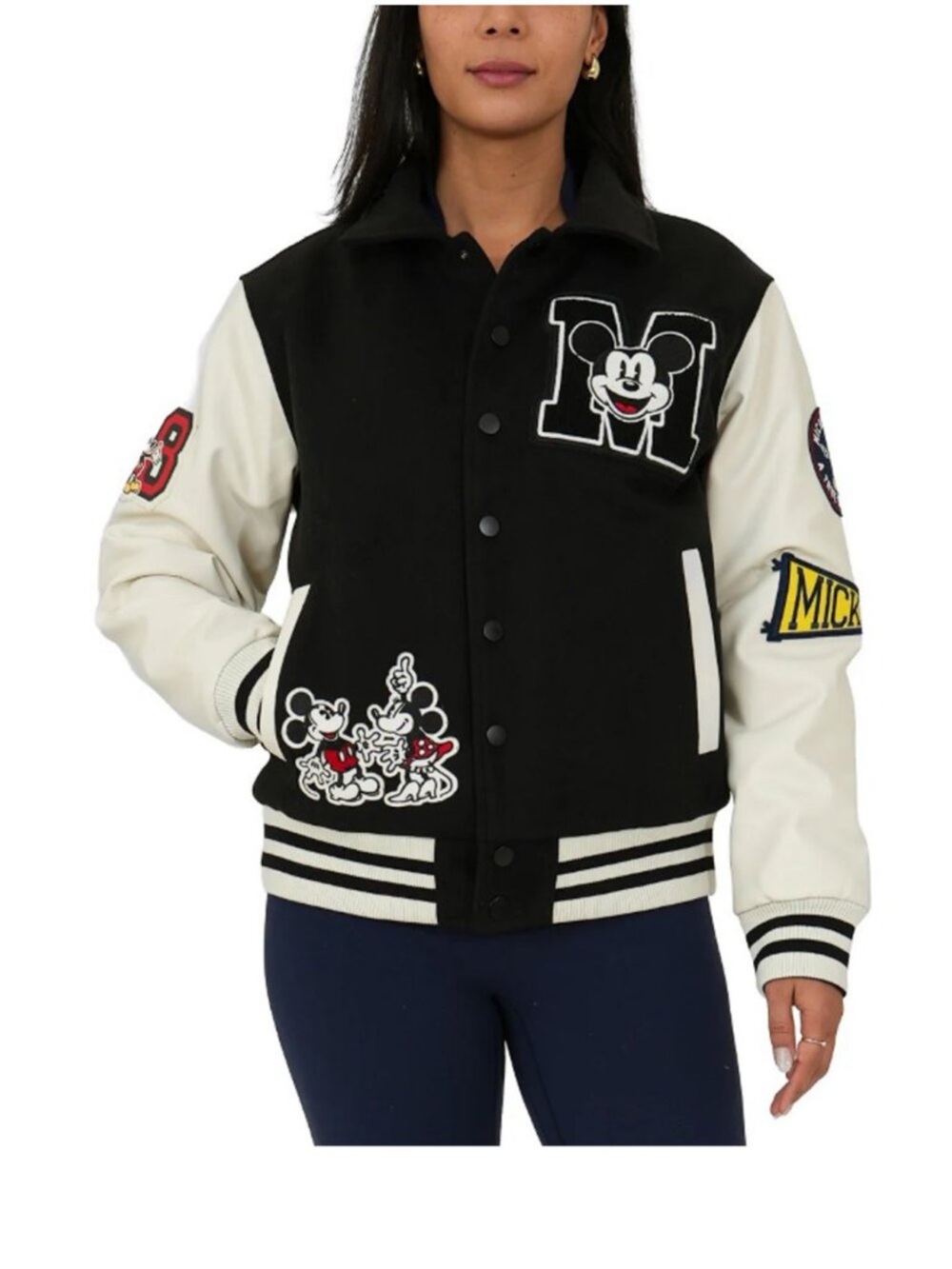 NWT Disney Black and Cream Mickey Patch Varsity Jacket